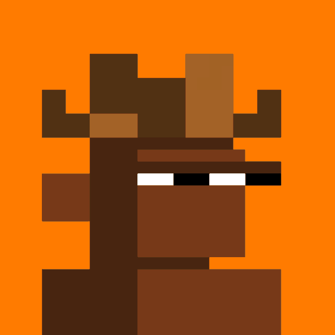 A pixel art illustration of a brown deer-like character with antlers against an orange background.