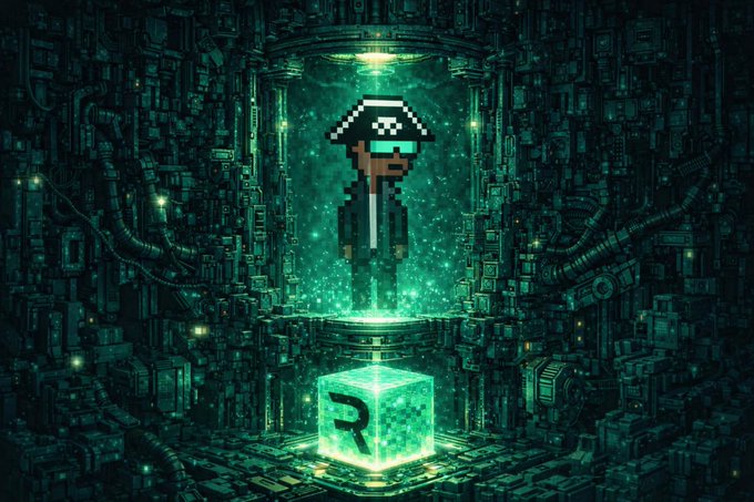 A pixel art style image of a character wearing a pirate hat and sunglasses floating above a glowing green cube with an 'R' on it, set in a dark cyberpunk/tech environment.