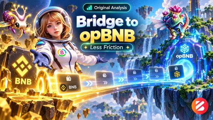 A vibrant promotional graphic titled 'Bridge to opBNB' with 'Less Friction' tagline, featuring an astronaut character with an '8' patch standing between BNB and opBNB logos, marked 'Original Analysis'.