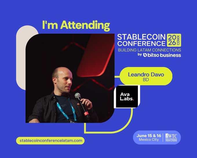 The image features a man standing at a podium with a microphone, giving a speech or presentation. The background of the image is blue, which contrasts with the white text that reads "I'm attending Stablecoin Conference 20xCK". There are also yellow and black elements in the image, such as a logo for @Bitso and a banner displaying the date and location of the event.