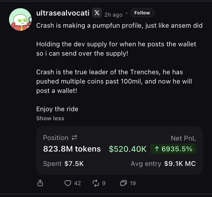 A tweet from user "ultrasealvocati" announces that "Crash" is creating a Pumpfun profile, comparing it to "ansem," and claims Crash will post a wallet after pushing multiple coins past 100mil. The post shows a position of 823.8M tokens with a net PnL of $520.40K (↑6935.5%) from a $7.5K spend at an average entry of $9.1K MC, connecting to the context of the $CRASHIUS dev following the same playbook as $ANSEM.
