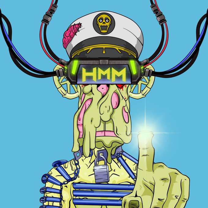 A colorful digital illustration of a zombie-like creature wearing a VR headset displaying 'HMM' and a sailor hat with a skull patch.