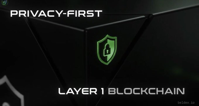 A dark promotional graphic featuring a green shield with a padlock icon, accompanied by the text 'PRIVACY-FIRST LAYER 1 BLOCKCHAIN' and 'beldex.io' in the bottom right corner.