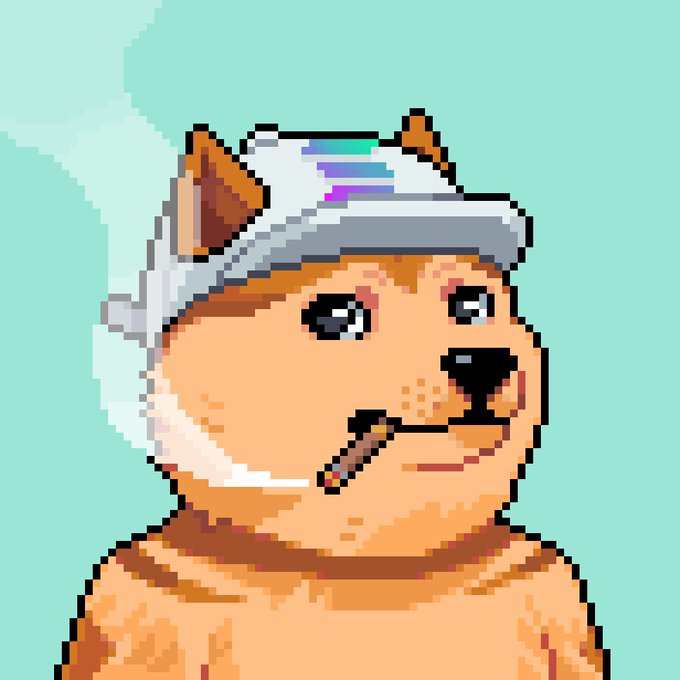 A pixel art illustration of a Shiba Inu-style dog wearing a white cap and smoking a cigarette against a mint green background.