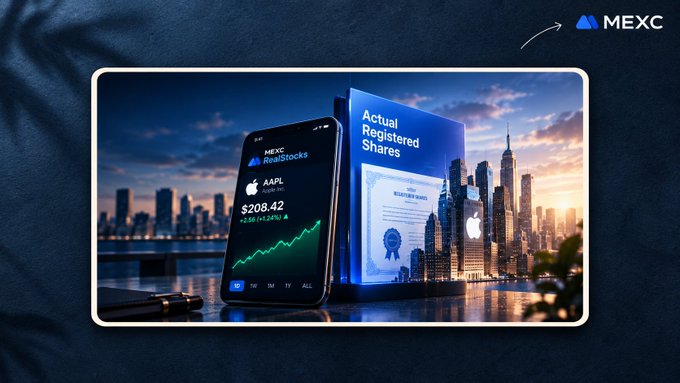 A MEXC promotional image showing a smartphone displaying Apple stock (AAPL) at $208.42 alongside a physical share certificate, set against a city skyline background.