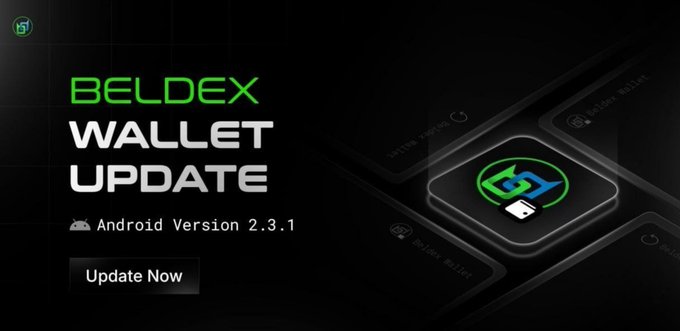 A promotional graphic for the 'BELDEX WALLET UPDATE' advertising Android Version 2.3.1 with an 'Update Now' button.