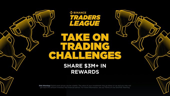 The image features a poster for the Binance Traders League, which appears to be promoting a trading challenge or competition. The poster includes various prizes such as cups and coins, all of them shaped like stock symbols. The text on the poster reads "Take on Trading Challenges Share $3M+ in rewards". This suggests that the challenge involves performing trades and sharing the winnings with other participants. There are also mentions of winning a leaderboard or an app, which indicates that this could be a social media-oriented platform for engaging with fellow traders to discuss market trends and strategies.