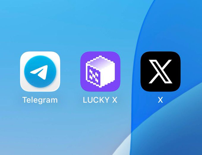 Three app icons displayed on a blue background: Telegram, LUCKY X (a purple icon with a pixelated cube), and X (formerly Twitter).