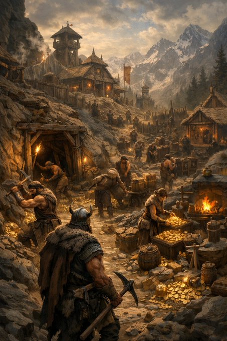 A bustling mountain mining settlement where Viking-like warriors extract and process gold coins and ingots, working for their tribe's prosperity. The scene visually reinforces the post's message of leveling up and mining to earn more tokens through tribe-based gameplay.