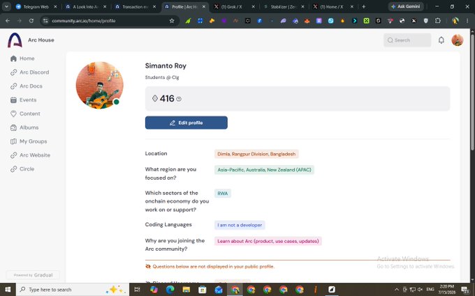 A screenshot of an Arc House profile page for user 'Simanto Roy' from Dinajpur Division, Bangladesh, showing their location, region, and coding language status as 'I am not a developer.'