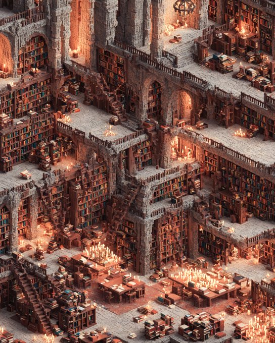 An isometric view of a grand, multi-tiered stone library with towering bookshelves, arched doorways, and staircases, illuminated by numerous lit candles scattered throughout the vast interior.
