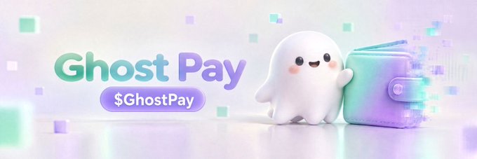 A colorful promotional banner for 'Ghost Pay' ($GhostPay) featuring a cute white ghost character holding a holographic wallet.