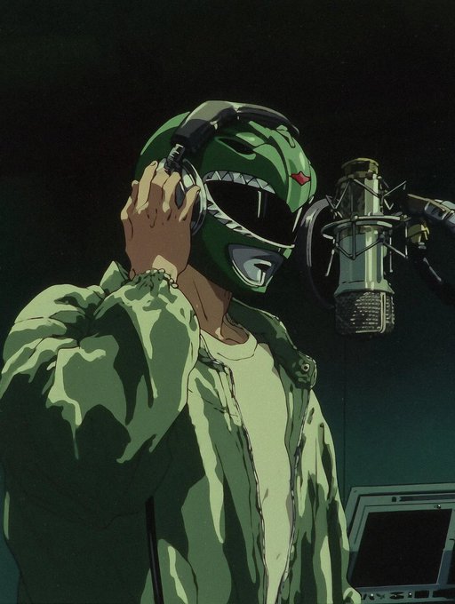 An illustrated figure wearing a green camouflage jacket and a shark-themed helmet stands in front of a studio microphone with headphones.