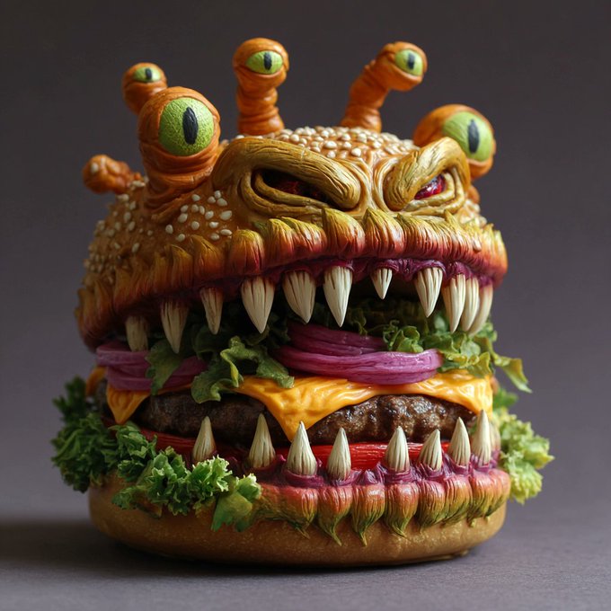 An elaborate monster-themed hamburger sculpture featuring multiple green eyes on stalks, sharp fangs, sesame-seed bun, and layers of cheese, lettuce, onion, and beef patty.