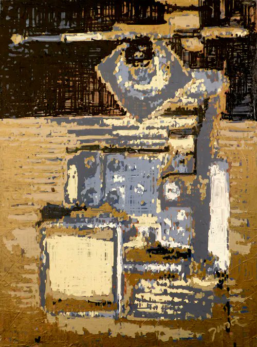 An abstract mixed-media painting uses textured gold leaf and dark grays to form a stylized, symmetrical figure or mask-like shape with geometric elements resembling a crown.