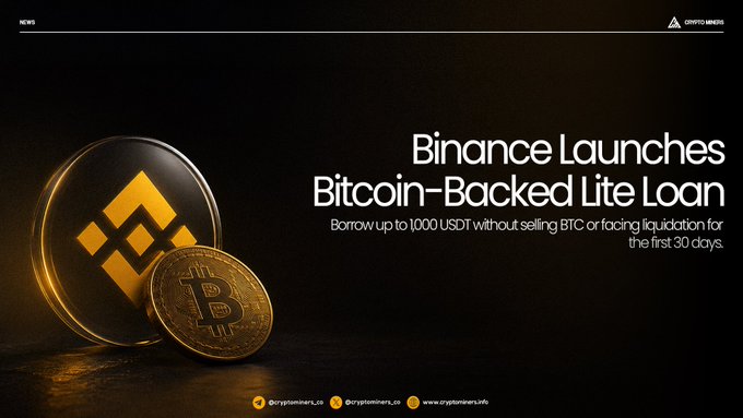 A promotional banner announcing 'Binance Launches Bitcoin-Backed Lite Loan', offering to borrow up to 1000 USDT without selling BTC or facing liquidation for the first 30 days.
