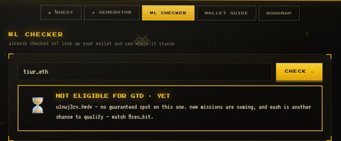 A website WL CHECKER page displaying wallet address 'tiur_eth' with the result 'NOT ELIGIBLE FOR GTD · YET' and a note referencing wallet 'u1nuj3zv.0wdv' with a hint to watch @zec.bit.