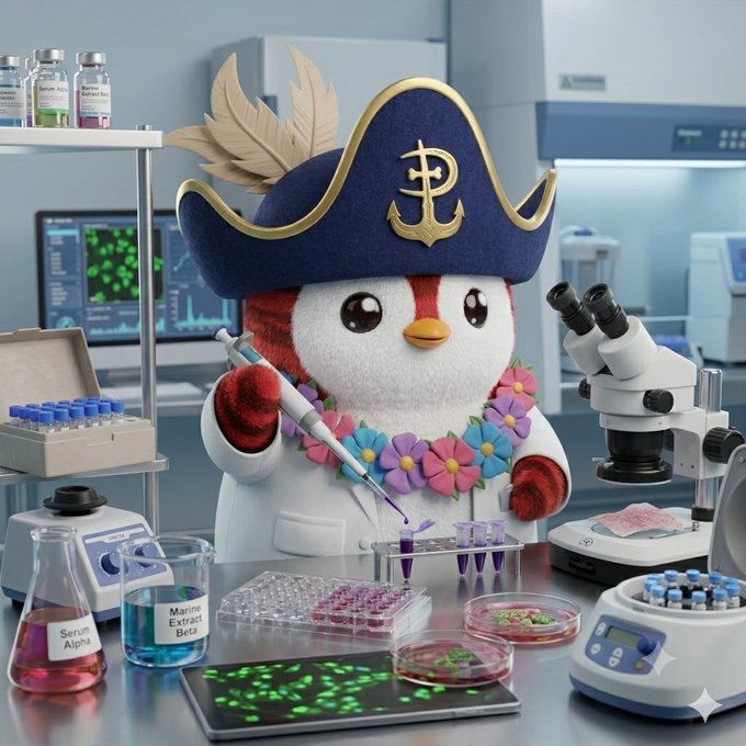 A 3D-rendered penguin character wearing a pirate hat and a flower lei holds a pipette in a laboratory setting, surrounded by microscopes, test tubes, and beakers labeled 'Serum Alpha' and 'Marine Extract Beta'.