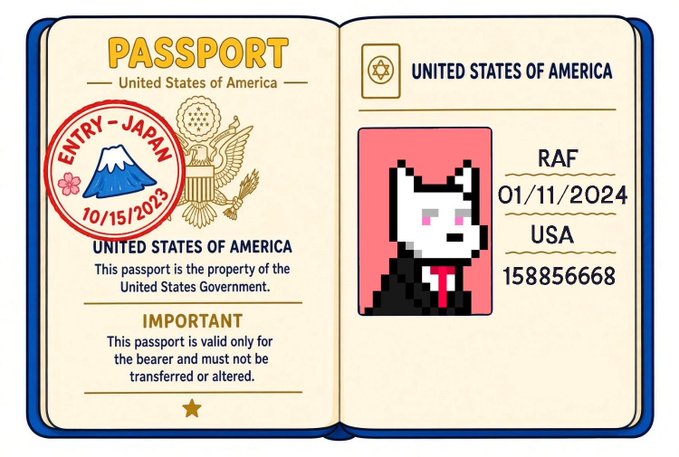 An illustrated United States passport opened to show an entry stamp for Japan dated '10/15/2023' and a pixel-art portrait with the name 'RAF', nationality 'USA', and a numerical ID.