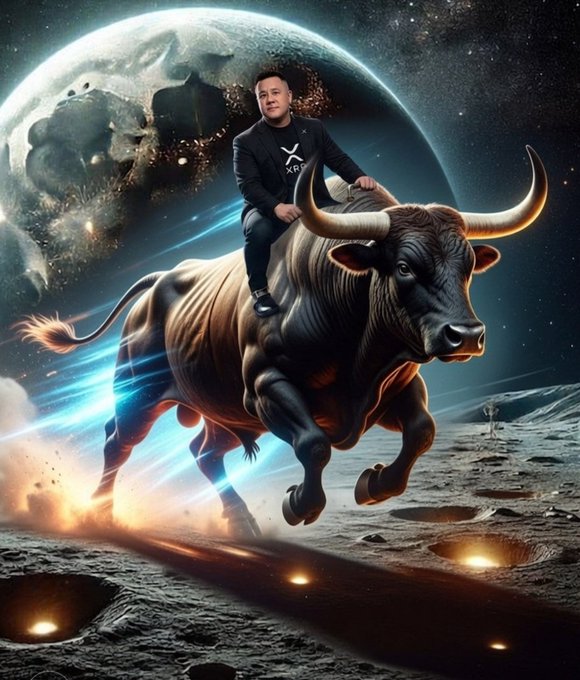 The image shows a man wearing an "XRP" shirt riding a massive bull charging across a lunar landscape, with Earth visible in the background—symbolizing a bullish "to the moon" rally for XRP. The caption reads: *"A man in an XRP shirt rides a powerful bull across the moon's surface, embodying the rallying cry of XRP HODLers aiming for intergalastic gains."*