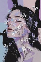 An artistic illustration of a woman with closed eyes, painted in purple and lavender tones, with delicate white flowers held near her face.