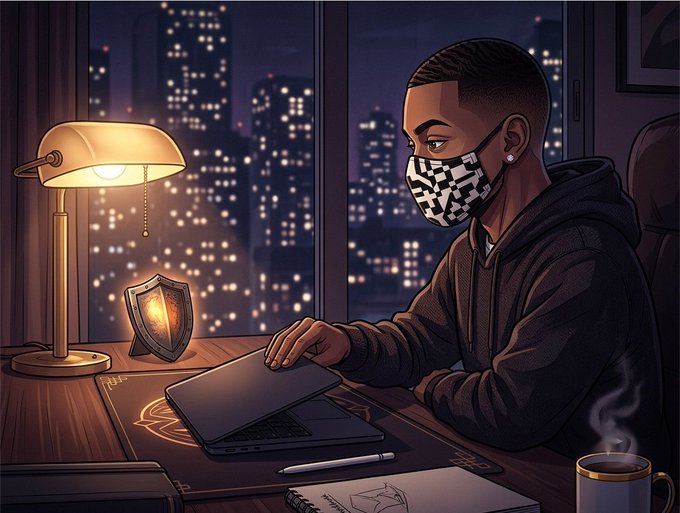 An illustrated scene of a person wearing a black and white mask working on a laptop at a desk with a shield icon, lamp, and city skyline view at night.
