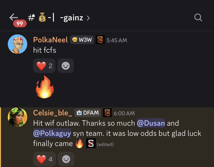 A Discord chat in the "#💰-|-gainz" channel shows members celebrating NFT wins, with "PolkaNeel" reporting "hit fcfs" at 5:45 AM (2 hearts, 🔥) and "Celsie_ble_" at 6:00 AM crediting "@Dusan and @Polkaguy syn team" for hitting WifOutlaw FCFS despite low odds, with 4 hearts and 🔥 — illustrating the community's successful FCFS mints via Syndicate Hub and Dusan's bot mentioned in the post.