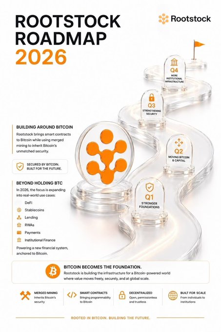 An infographic titled 'ROOTSTOCK ROADMAP 2026' outlining the company's plan for 'BUILDING AROUND BITCOIN' with quarterly milestones including 'STRONGER FOUNDATIONS,' 'STRENGTHENING SECURITY,' 'MOVING BITCOIN & CAPITAL,' and 'MORE INSTITUTIONAL INFRASTRUCTURE,' noting that 'BITCOIN BECOMES THE FOUNDATION.'