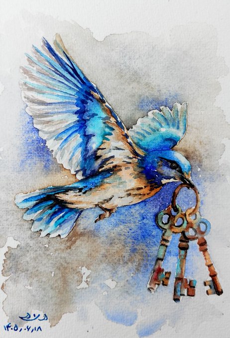 A watercolor painting of a blue bird carrying a ring of ornate keys, signed with Persian/Arabic script and dated '1405.4.18'.