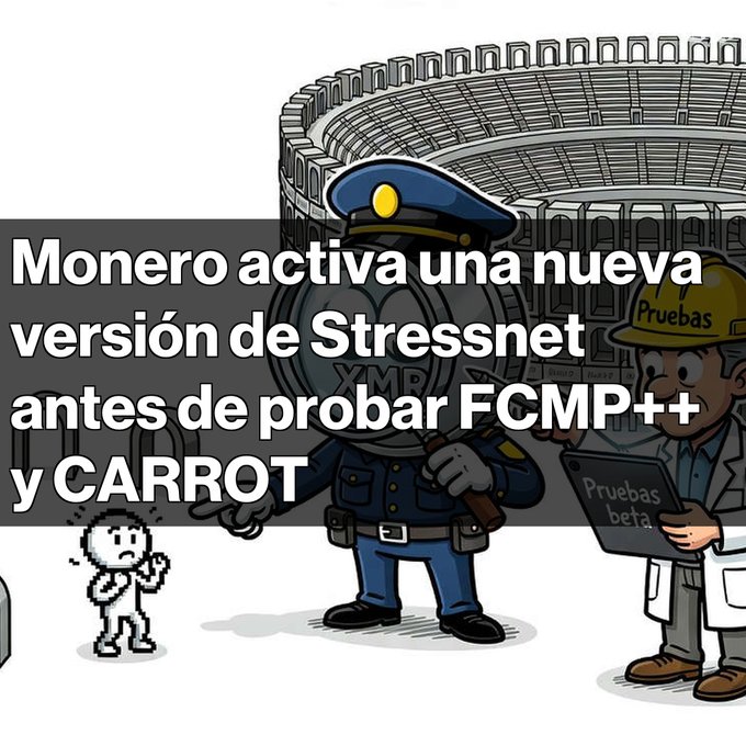 An illustration shows cartoon characters including a police officer and a scientist with a 'Pruebas beta' tablet, alongside a pixelated figure, with Spanish text reading 'Monero activa una nueva versión de Stressnet antes de probar FCMP++ y CARROT'.