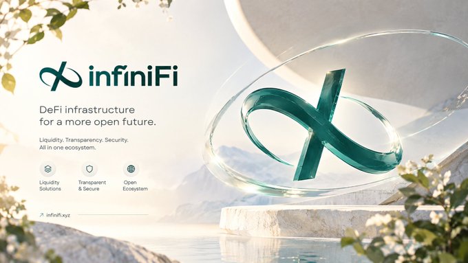 A promotional graphic for 'infiniFi' DeFi infrastructure featuring the text 'DeFi infrastructure for a more open future. Liquidity. Transparency. Security. All in one ecosystem,' along with icons for Liquidity Solutions, Transparent & Secure, and Open Ecosystem, and the URL 'infini.xyz' next to a green infinity logo.