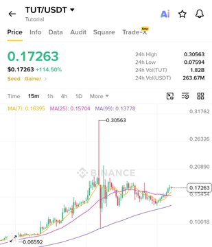 A cryptocurrency price chart for TUT/USDT showing a price of $0.17263 with a 114.50% increase, listed on Binance as a Seed Gainer.