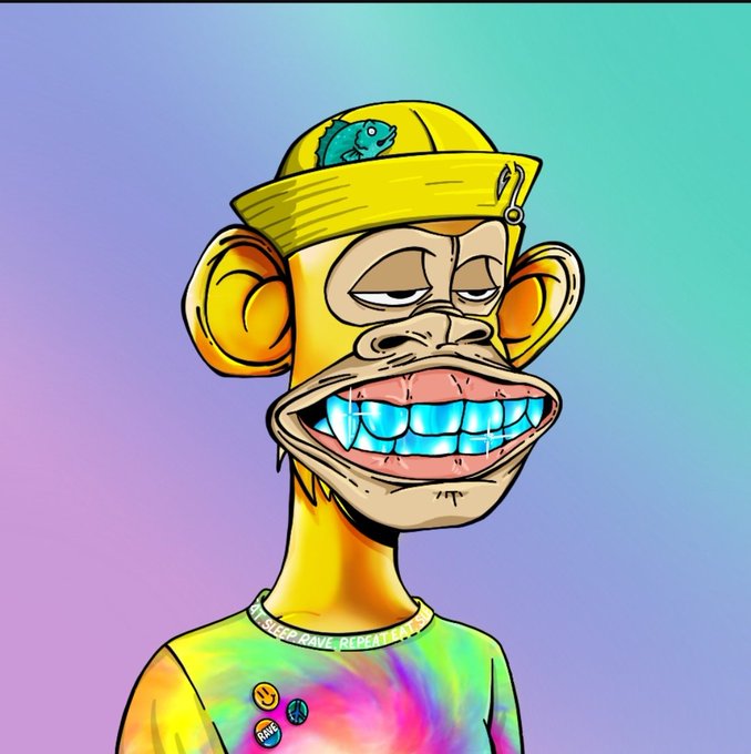 A digital cartoon of a Bored Ape-like monkey wearing a yellow fisherman's hat with a fish logo, grills and has diamond teeth, while wearing a tie-dye shirt with buttons that say 'SIP' and 'BAPE', and a necklace reading 'SIP RAVE REPEAT'.