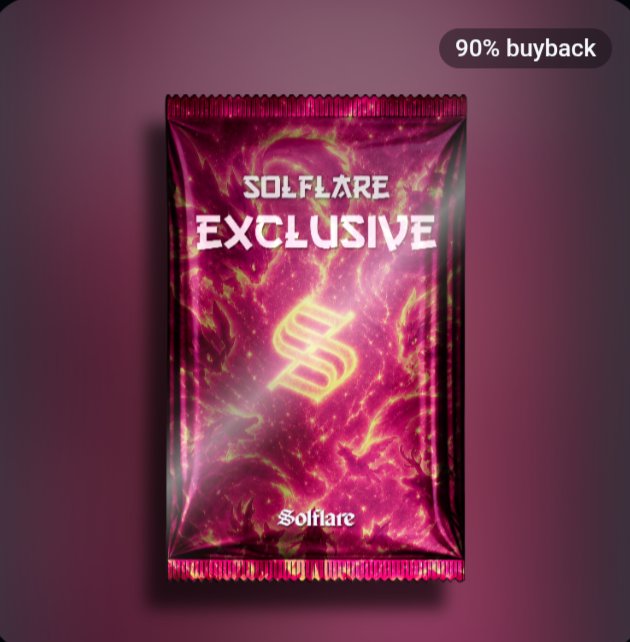 A product image of a shiny magenta and yellow foil packet labeled 'SOLFLARE EXCLUSIVE' with a stylized 'S' logo, featuring a '90% buyback' badge in the upper right corner.
