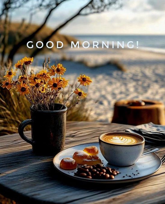 The image features a wooden table with a plate of food, including pastries such as donuts and coffee beans. There are also flowers on the table, adding a touch of nature to the scene. The background shows a beach view, suggesting that this meal is being enjoyed in a serene outdoor setting. The post appears to be promoting a new cryptocurrency called "Good Morning!"