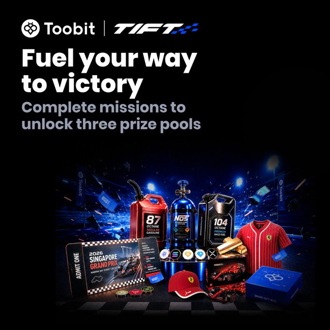 A promotional advertisement for Toobit x TIFT featuring the tagline 'Fuel your way to victory' and 'Complete missions to unlock three prize pools,' showcasing F1 racing merchandise, fuel jugs, NOS bottle, gold bars, and Singapore Grand Prix tickets.