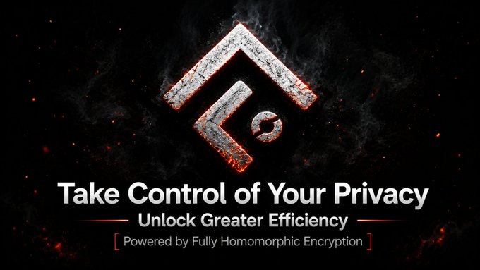 A dark promotional graphic features a cracked metallic logo surrounded by embers, with the text 'Take Control of Your Privacy,' 'Unlock Greater Efficiency,' and '[ Powered by Fully Homomorphic Encryption ].'