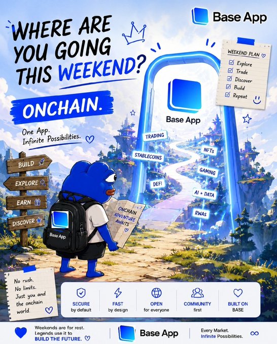 A colorful promotional poster for the Base App featuring a blue bear with a backpack, encouraging viewers to 'WHERE ARE YOU GOING THIS WEEKEND? ONCHAIN' with checkboxes for Explore, Trade, Discover, Build, and Repeat.