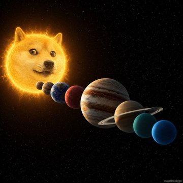 A meme-style image of the Doge (Shiba Inu) face as the sun with planets of the solar system arranged in a line against a starry space background.