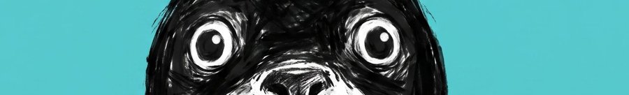 A stylized black-and-white illustration of a wide-eyed dog or pug-like creature with large circular eyes against a bright teal background.