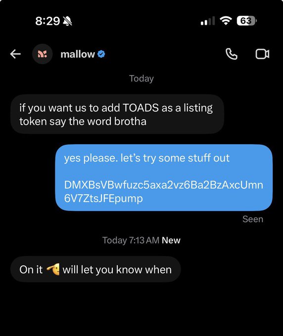 A Twitter/X DM conversation with user "mallow" discussing adding TOADS as a listing token, with a wallet address "DMXBsVBwfuzc5axa2vz6Ba2BzAxcUmn6V7ZtsJFEpump" shared.