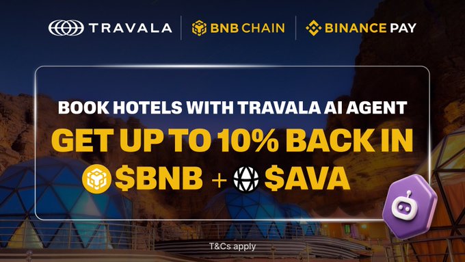 An advertisement banner for Travala featuring BNB Chain and Binance Pay, promoting hotel bookings with up to 10% back in $BNB + $AVA, with a chatbot icon and 'T&Cs apply' text.