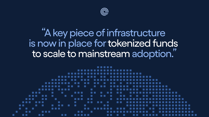 A dark blue graphic features a quote in light blue text reading "A key piece of infrastructure is now in place for tokenized funds to scale to mainstream adoption," positioned above a dotted hemisphere design resembling a globe, reinforcing the post's message about Ondo joining DTCC's Fund/SERV network to advance tokenized fund adoption.