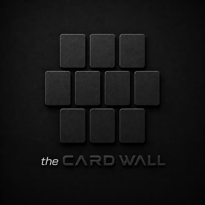 A minimalist black logo for "the CARD WALL" featuring a 3x4 grid of rounded black rectangles.