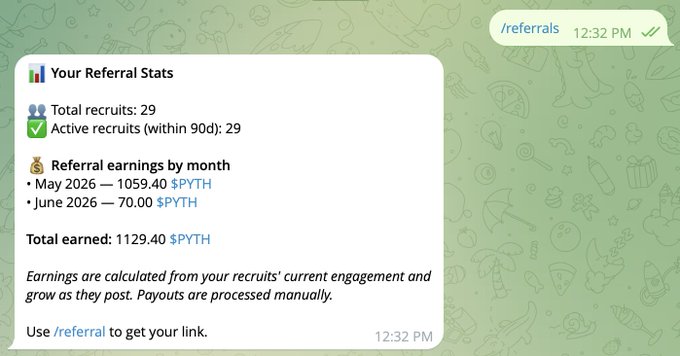 The image shows a screenshot of a messaging application displaying several posts related to social networking, such as a post by an individual named "John", who had just posted about their referral status and total earned amount of $1,129. The message also includes information about the date it was sent, which is May 2020 at 2:42 PM. The caption on this post reads "Just received 1,129 $PYTH from inviting 29 people to campaign". It seems that John's posts have been popular, with several followers being engaged in conversations around his ideas and concepts related to social media marketing strategies, networking, and personal branding.