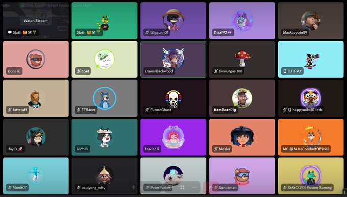 A video chat interface displays a grid of users with various cartoon avatars and usernames like "Sloth," "Coel," and "DJTRAXX."