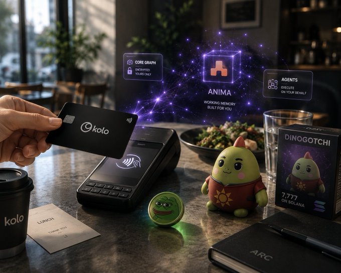 The image features a person holding a credit card over a table filled with various items including a toy dinosaur, a cup of coffee, and some books. The person appears to be using their card for payment at a restaurant or cafe setting. There is also an item on the table that says "PEPE" which could possibly be related to the credit card being used in this context.