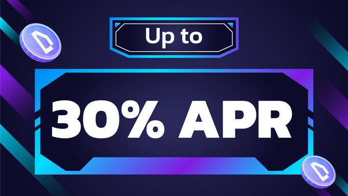 A digital promotional banner with a dark purple/blue gradient background displaying 'Up to 30% APR' in bold white text, flanked by two Diamond (DNT) token icons.