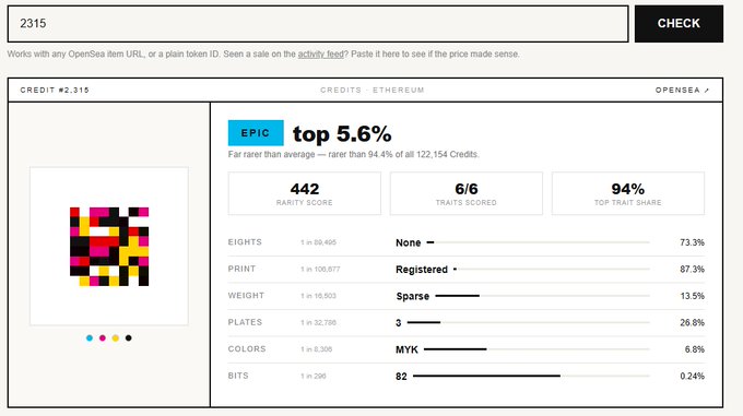 A screenshot of an OpenSea NFT rarity tool showing item #2315 with a rarity score of 442, ranked in the top 5.6%, with traits including Eights (None), Print (Registered), Weight (Sparse), Plates (3), Colors (MYK), and Bits (82).