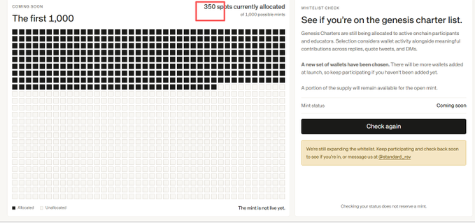 A Genesis Charter mint allocation status page showing "350 spots currently allocated" highlighted, with most squares in the grid marked as unallocated.